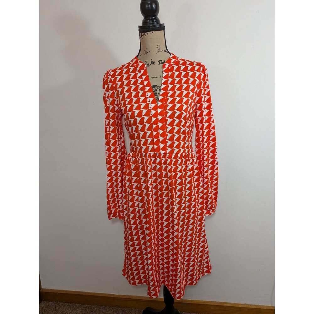 NWT Boden Naomi Orange Red & White Geometric Dress Birdie Print V-Neck Size 4 R